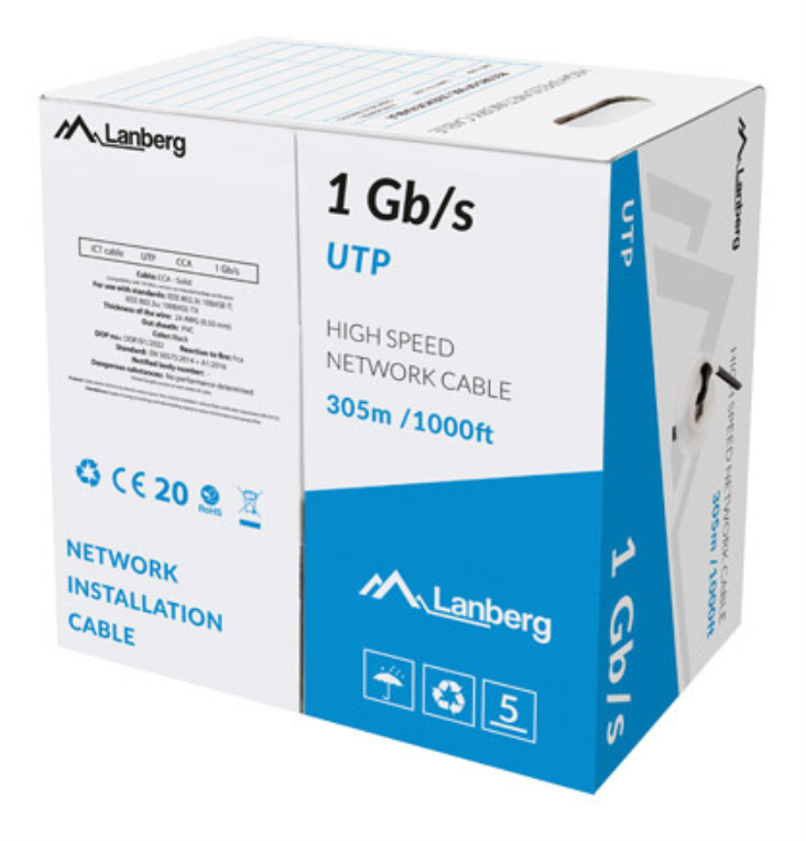 BOBINA CABLE RED LANBERG UTP RJ45 1GB/S SOLIDO CCA AWG23 305M NEGRO