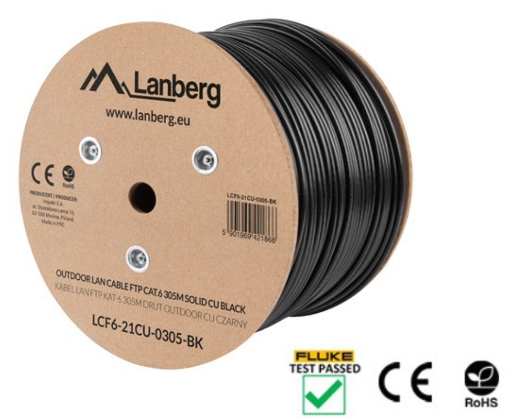 BOBINA CAT.6 LANBERG OUTDOOR FTP RJ45 SOLIDO COBRE FLUKE TESTED AWG24 305M NEGRO - detalle