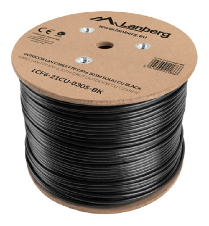 BOBINA CAT.6 LANBERG OUTDOOR FTP RJ45 SOLIDO COBRE FLUKE TESTED AWG24 305M NEGRO - detalle