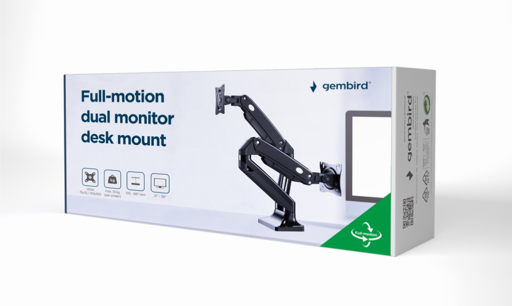 BRAZO DE MONITOR GEMBIRD PARA 2 PANTALLAS DE ESCRITORIO AJUSTABLE 17-32 PULG - detalle