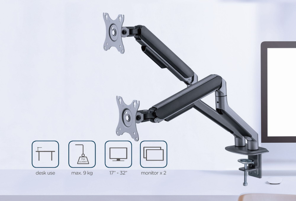 BRAZO DE MONITOR GEMBIRD PARA 2 PANTALLAS DE ESCRITORIO GRIS ESPACIAL - detalle