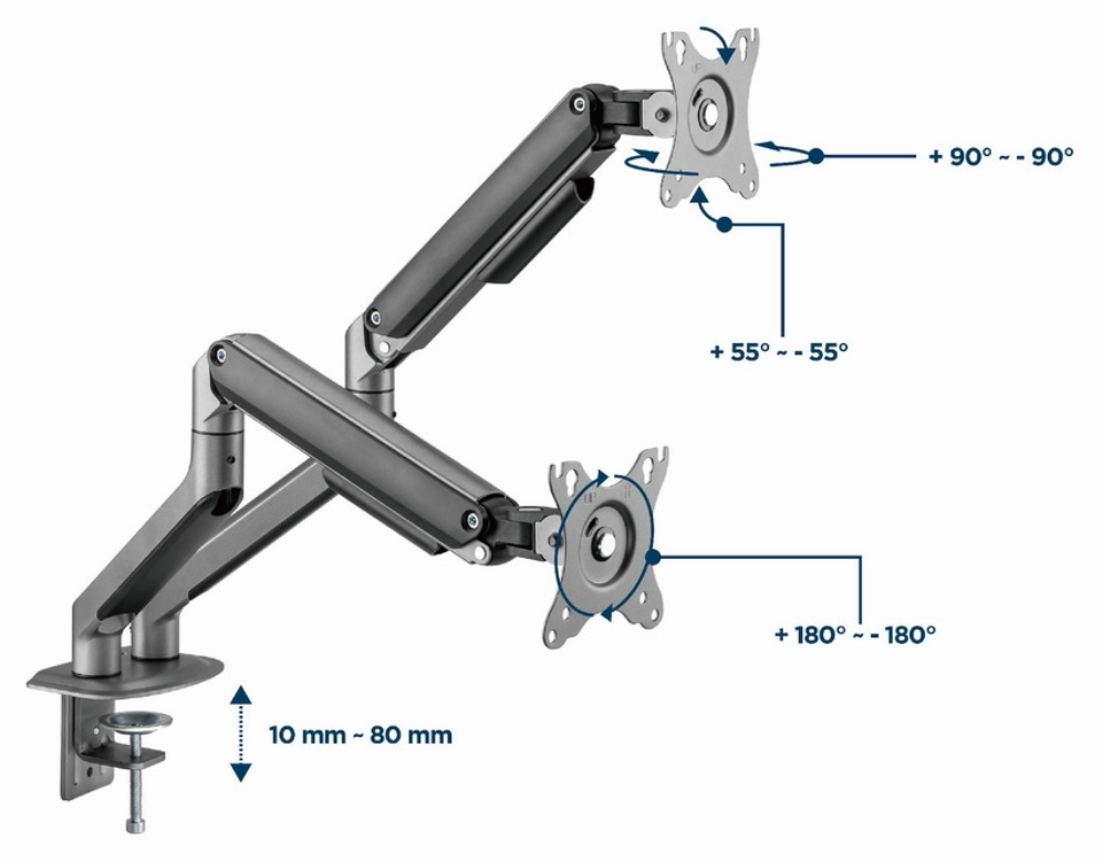 BRAZO DE MONITOR GEMBIRD PARA 2 PANTALLAS DE ESCRITORIO GRIS ESPACIAL - detalle