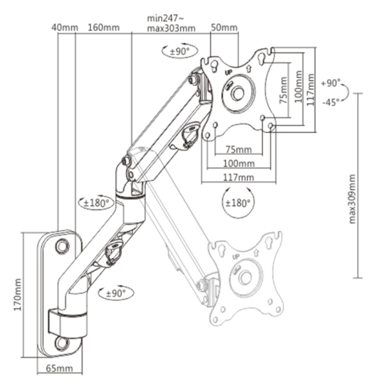 BRAZO DE MONTAJE GEMBIRD PARA PANTALLA DE PARED AJUSTABLE HASTA 27'' 7KG - detalle