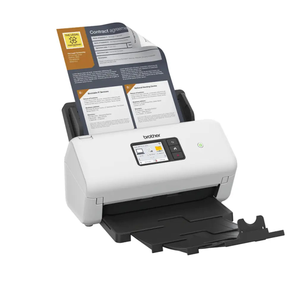 Escáner Brother ADS-4550W en color negro, con alimentador automático de documentos y resolución de 600 x 600 DPI.