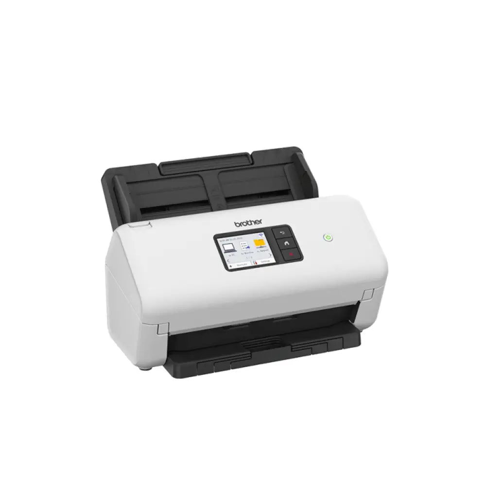 Escáner Brother ADS-4550W en color negro y blanco con alimentador automático de documentos y resolución 600x600 DPI.