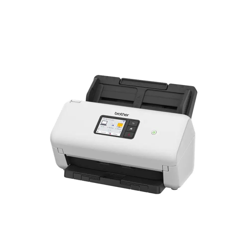 Escáner Brother ADS-4550W en color negro y blanco con alimentador automático de documentos y resolución 600x600 DPI.