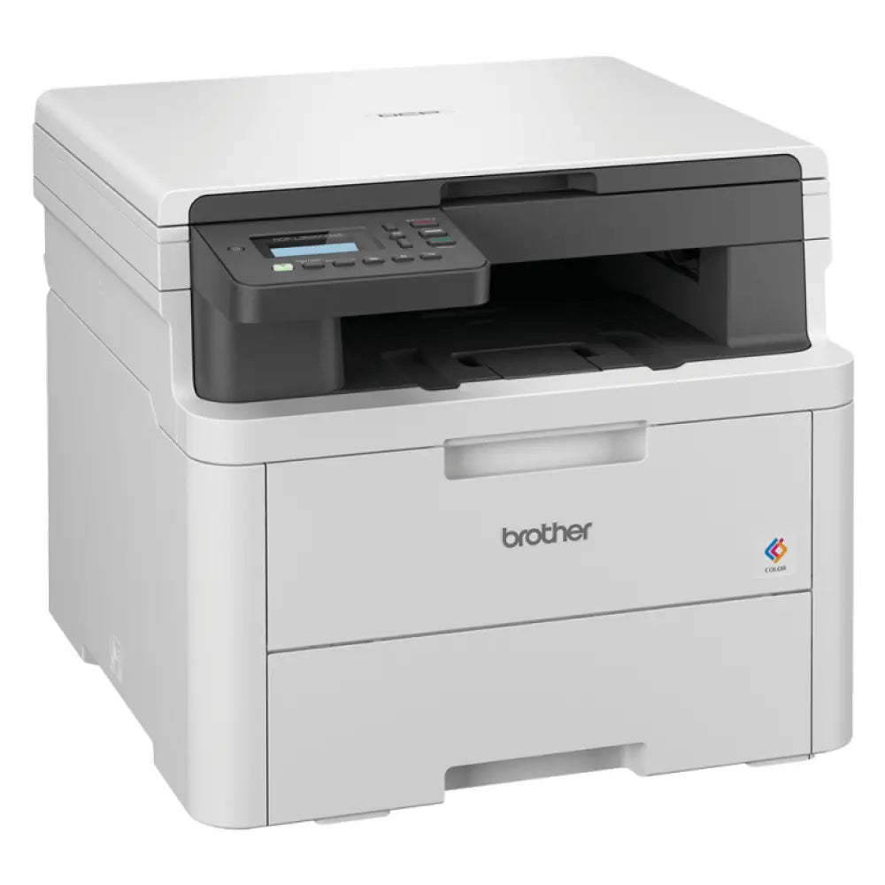 Impresora multifunción Brother DCP-L3520CDWE con pantalla, bandeja de papel y conexión Wi-Fi, diseñada para impresión A4 LED.