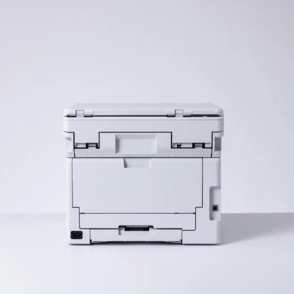 Impresora multifunción Brother DCP-L3520CDWE con pantalla, bandeja de papel y conexiones Wi-Fi en color blanco y negro.
