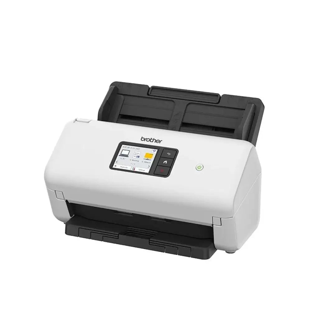 Escáner Brother ADS4550 Dúplex Wifi en color gris, con pantalla y puertos de conexión, para digitalización de documentos.