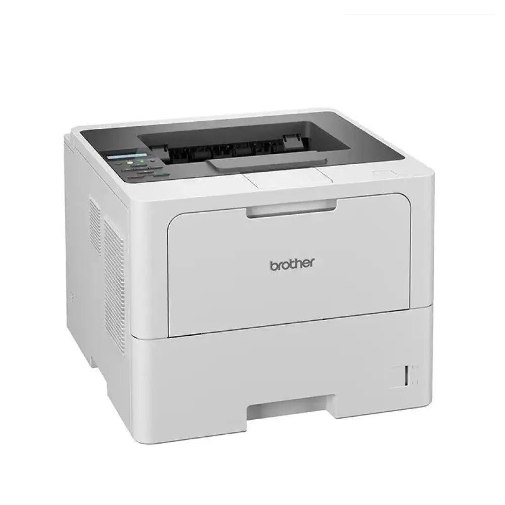 Impresora láser Brother HL-L6210DW en color negro, vista frontal con bandeja de papel y panel de control.