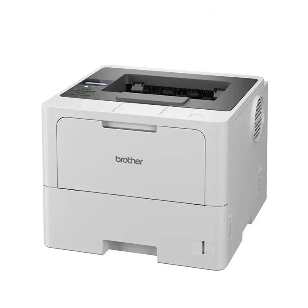 Impresora láser Brother HL-L6210DW en color negro, vista frontal con bandeja de papel y panel de control.
