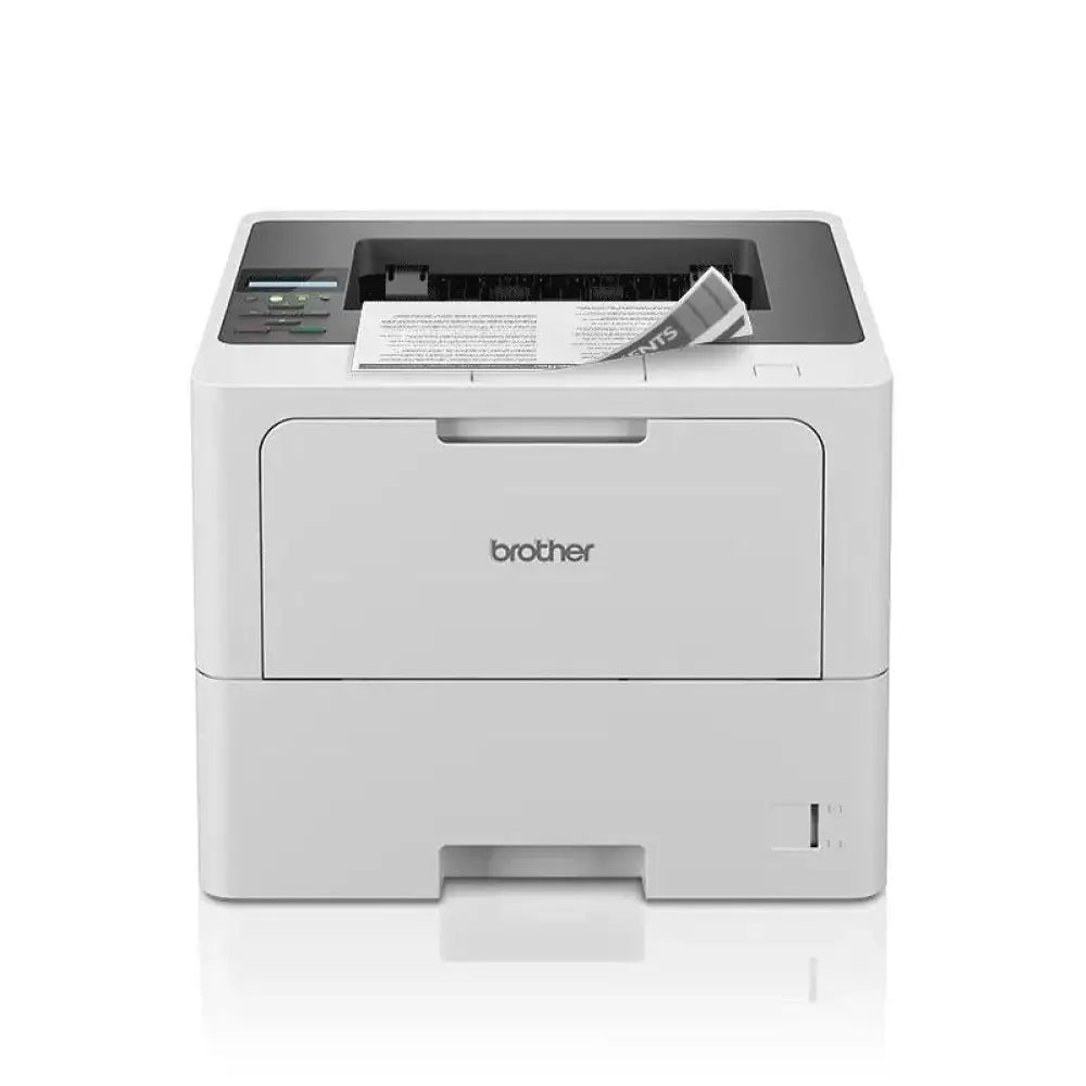Impresora láser Brother HL-L6210DW de color gris, vista frontal con bandeja de papel y panel de control.