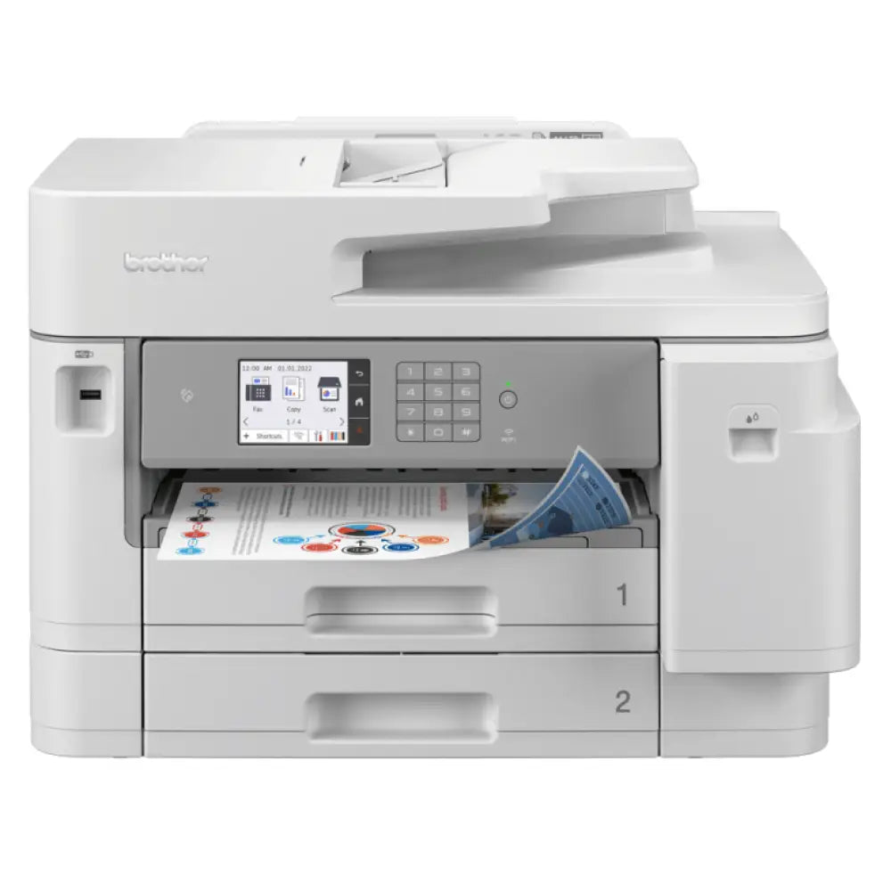Impresora multifunción Brother MFC-J5955DW de inyección de tinta A3, pantalla, puertos USB y conexión Wi-Fi visible en la imagen.