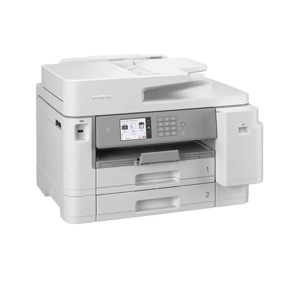 Impresora multifunción Brother MFC-J5955DW en color, con bandeja y pantalla táctil, mostrando capacidades de impresión en A3.