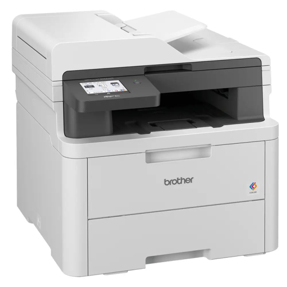 Impresora multifunción Brother MFC-L3740CDWE con pantalla LED, impresión A4, resolución 600x2400 DPI y conectividad Wi-Fi.