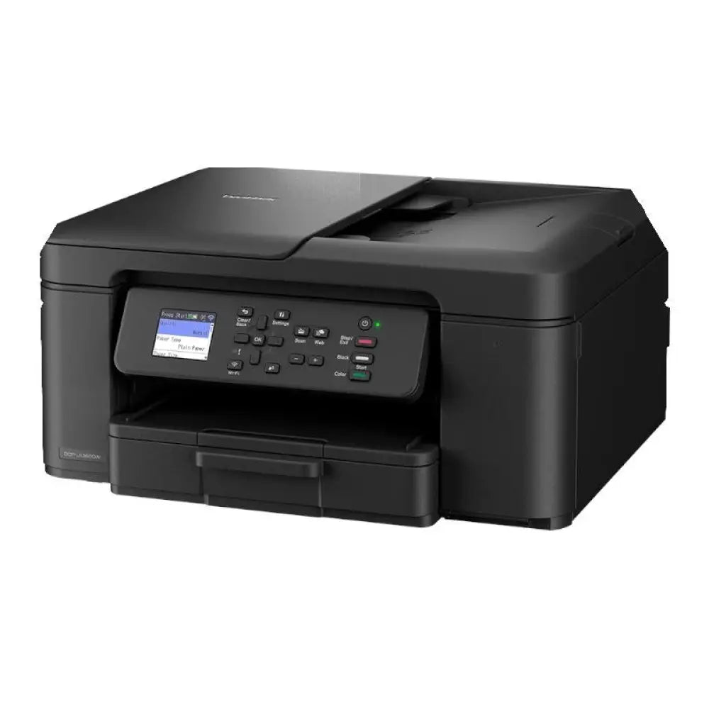 Impresora multifunción Brother DCP-J1360DW en color blanco, con bandeja de papel y pantalla táctil visible en la imagen.