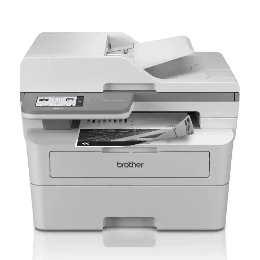 Impresora multifunción láser Brother MFC-L2960DW con fax, bandeja de papel y panel de control en color gris oscuro.