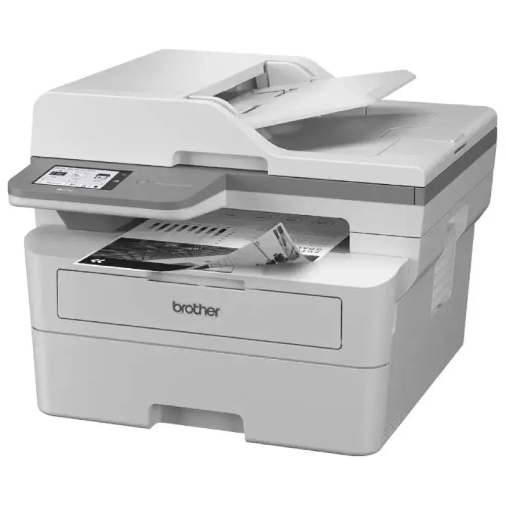 Impresora multifunción láser Brother MFC-L2960DW con fax, bandeja de papel y panel de control en color.