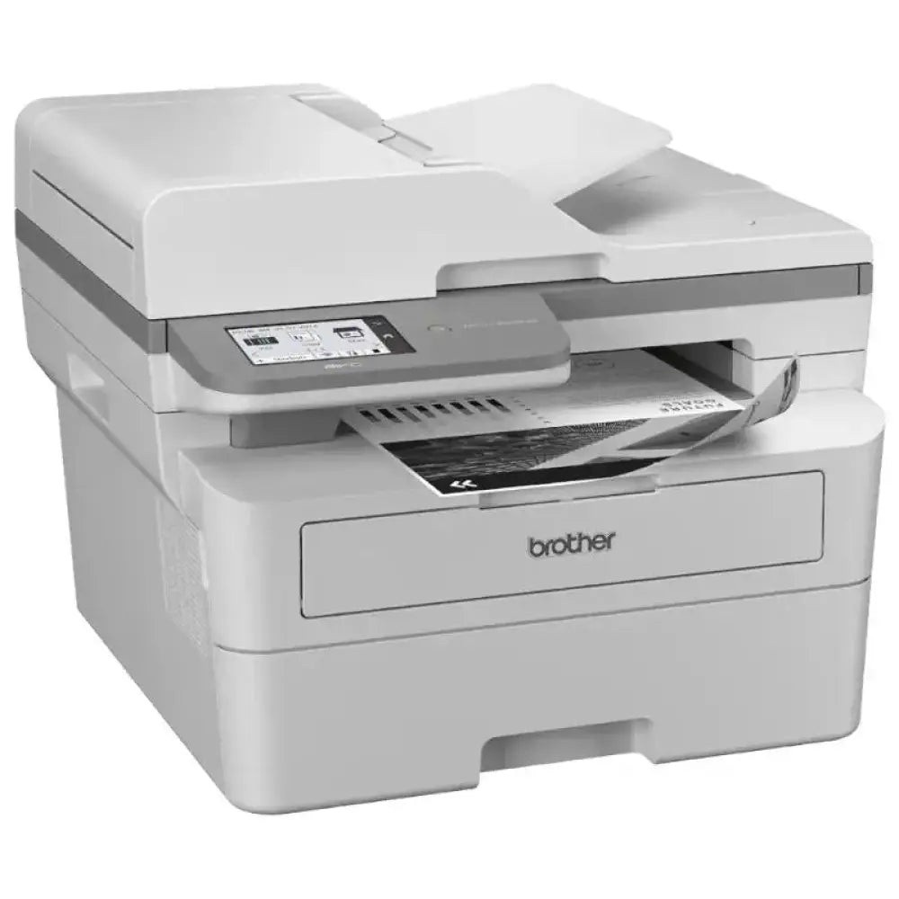 Impresora multifunción láser Brother MFC-L2960DW con fax, escáner y bandeja de papel, en color blanco y negro.