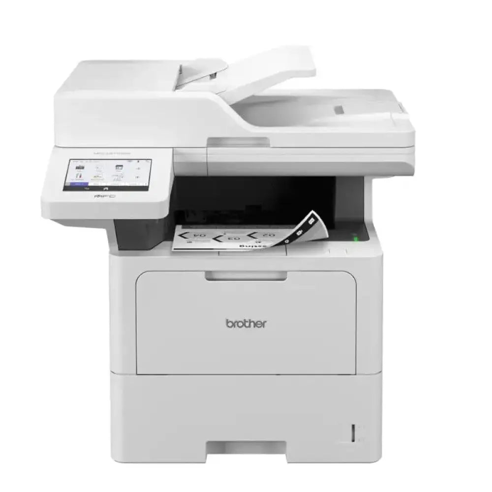 Impresora multifunción láser Brother MFC-L6710DW con fax y bandeja de papel, vista frontal en color blanca