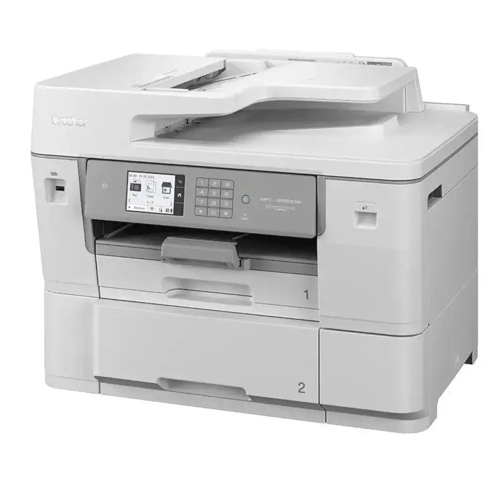 Impresora multifunción Brother MFC-J6959DW con función de inyección y fax, vista frontal con bandeja de papel y panel de control