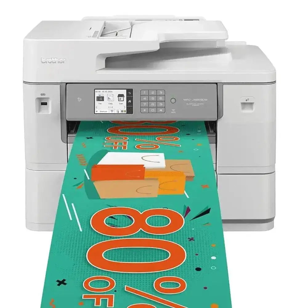 Impresora multifunción Brother MFC-J6959DW con escáner, fax y función de inyección de tinta, vista frontal con bandeja y panel de control