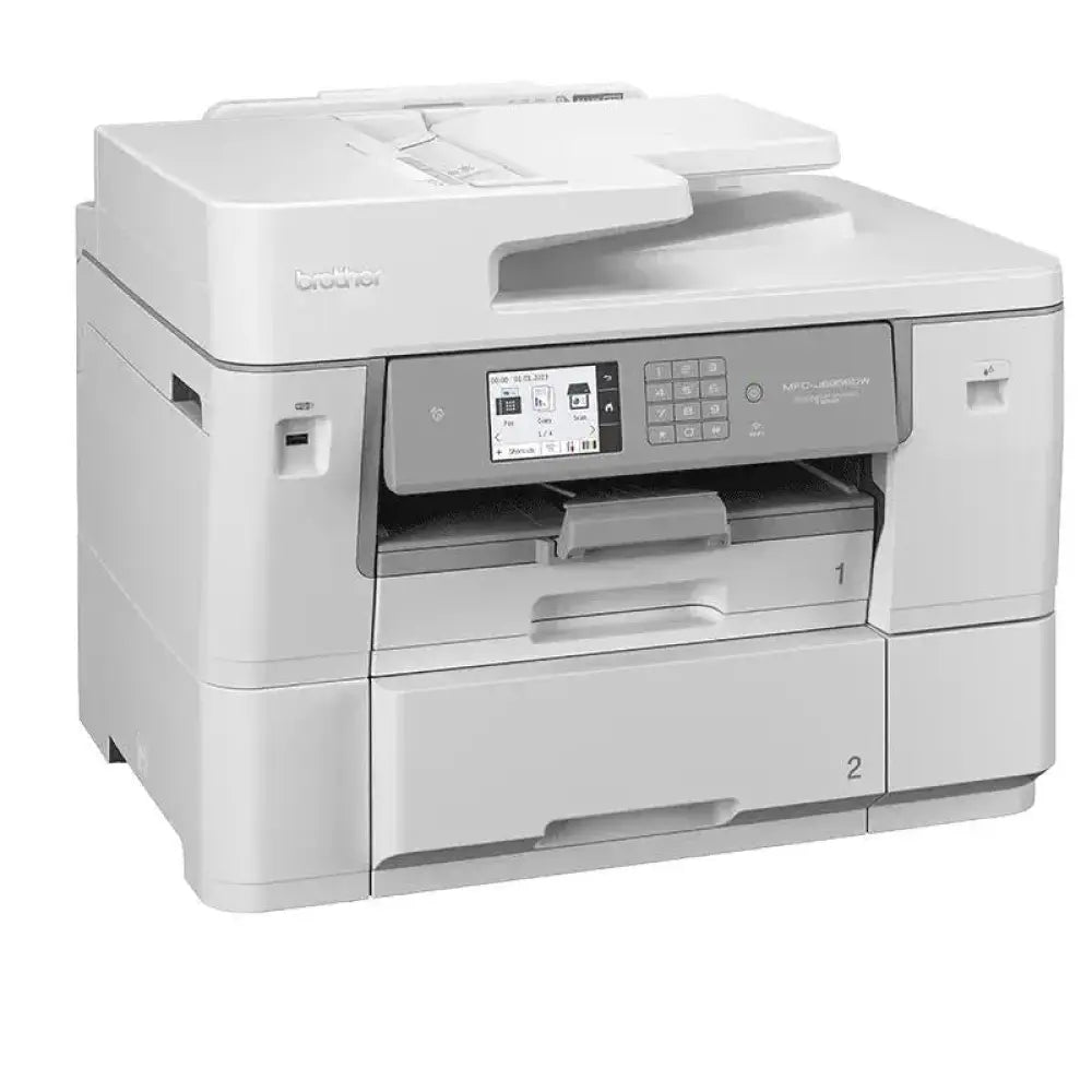 Impresora multifunción Brother MFC-J6959DW con fax, inyección de tinta, pantalla táctil y bandeja de papel.