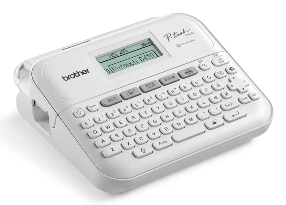 Impresora de etiquetas Brother PT-D410 de transferencia térmica, con teclado QWERTY y velocidad de 20 mm/s.