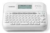 Impresora de etiquetas Brother PT-D410 con transferencia térmica, teclado QWERTY, conexión alámbrica y resolución 180x180 DPI.