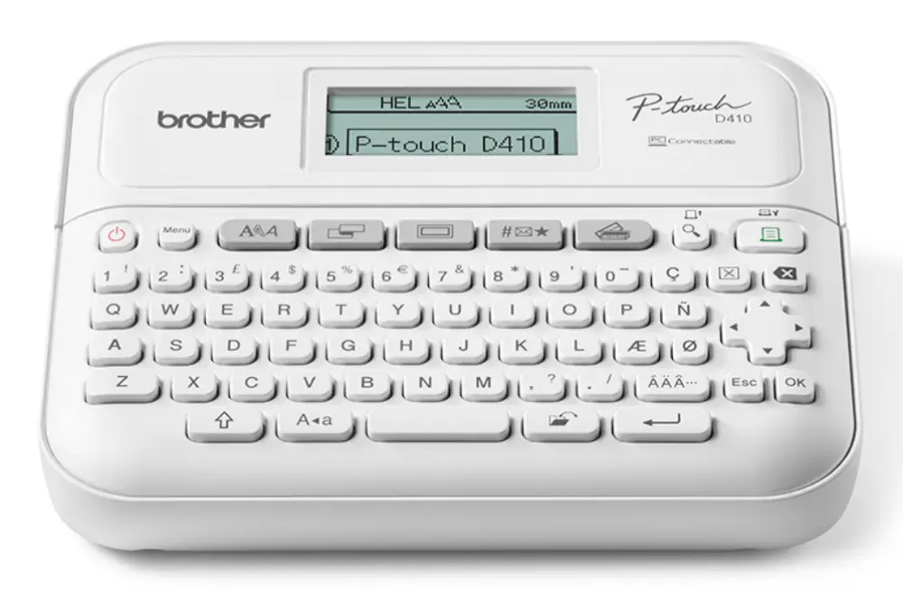 Impresora de etiquetas Brother PT-D410 con transferencia térmica, teclado QWERTY, conexión alámbrica y resolución 180x180 DPI.