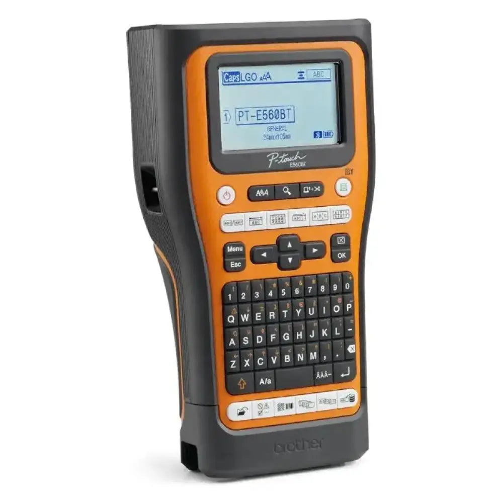 Impresora térmica Brother PTE560BTVP, rotuladora electrónica con pantalla y teclado para etiquetas resistentes.