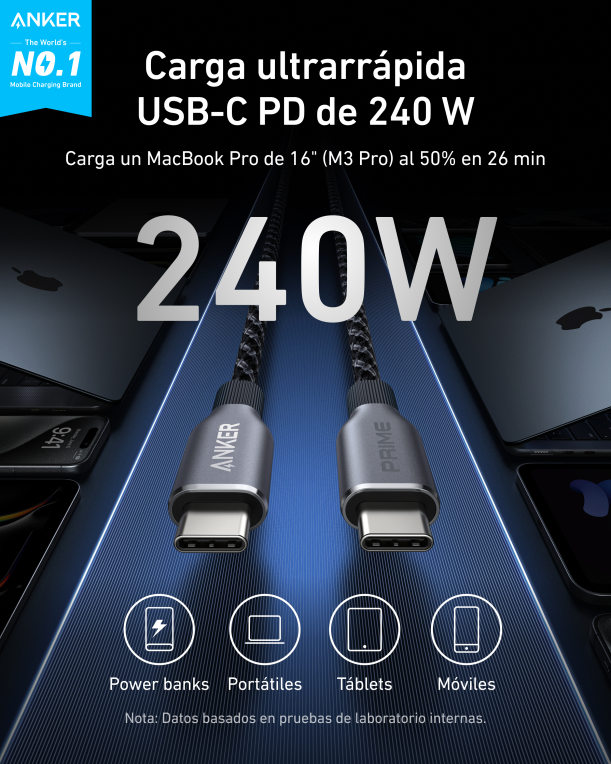 CABLE ANKER ANKER PRIME USB-C TO USB-C CABLE (3FT 240W UPCYCLED-BRAIDED) - detalle