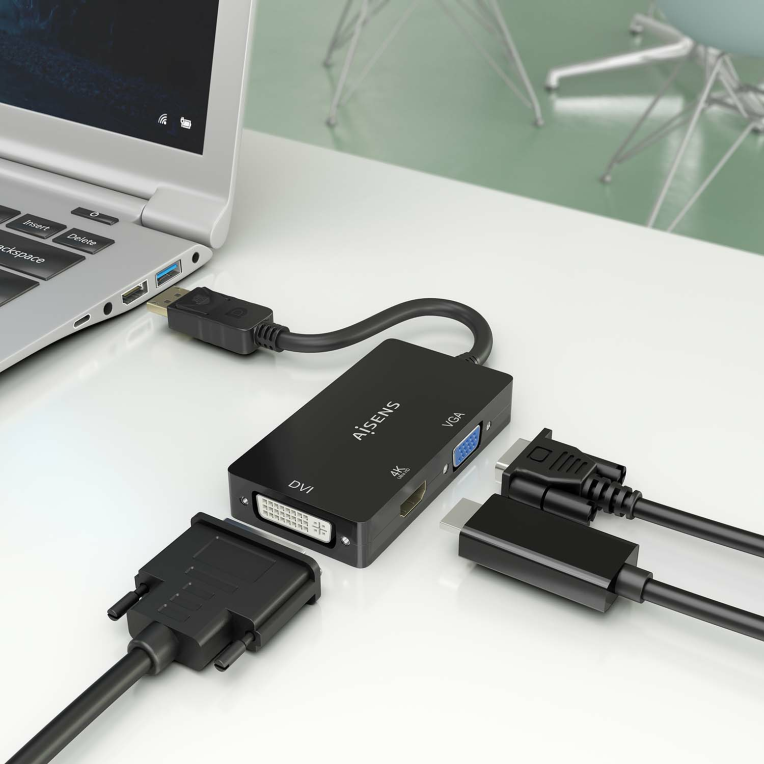 CABLE CONVERSOR AISENS DISPLAYPORT V1.2 A VGA/DVI/HDMI 4K NEGRO 15CM - detalle