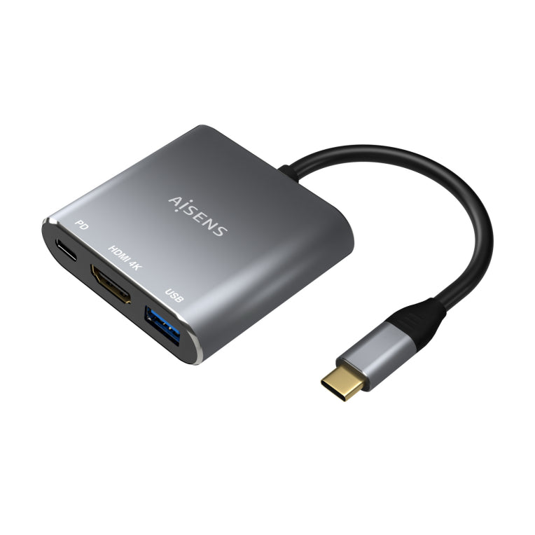 AISENS Conversor USB-C a HDMI/USB-C/Tipo A USB 3.0. 3 en 1. Gris. 15cm