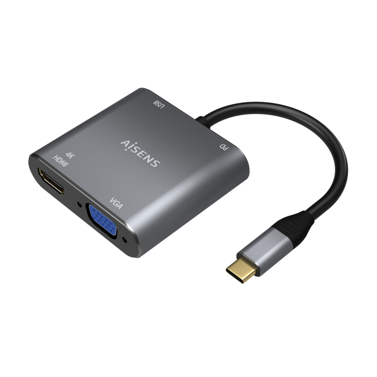 AISENS Conversor USB-C a VGA/HDMI 4K/USB3.0/USB-C PD. USB-C/M-VGA/H-HDMI/H-USB-A/H-USB-C/H. Gris. 15CM