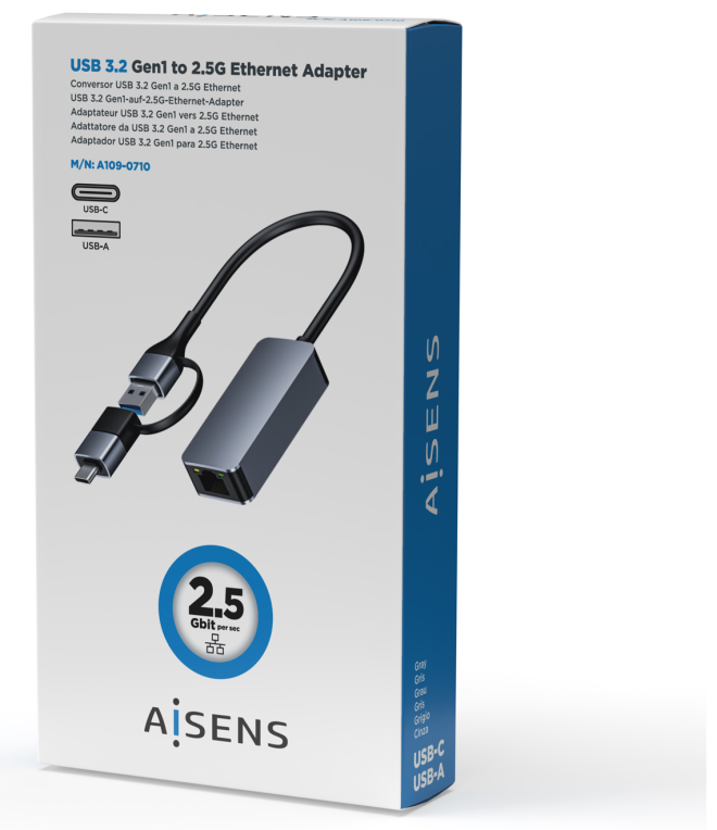 CABLE CONVERSOR AISENS USB3.2 GEN1 USB-A+USB-C A ETHERNET 2.5G GRIS 15CM - detalle