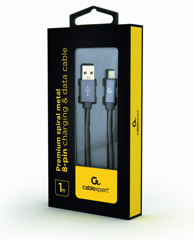 CABLE DE DATOS Y CARGA PREMIUM GEMBIRD 8 PINES METAL EN ESPIRAL, 1 M, GRIS - detalle