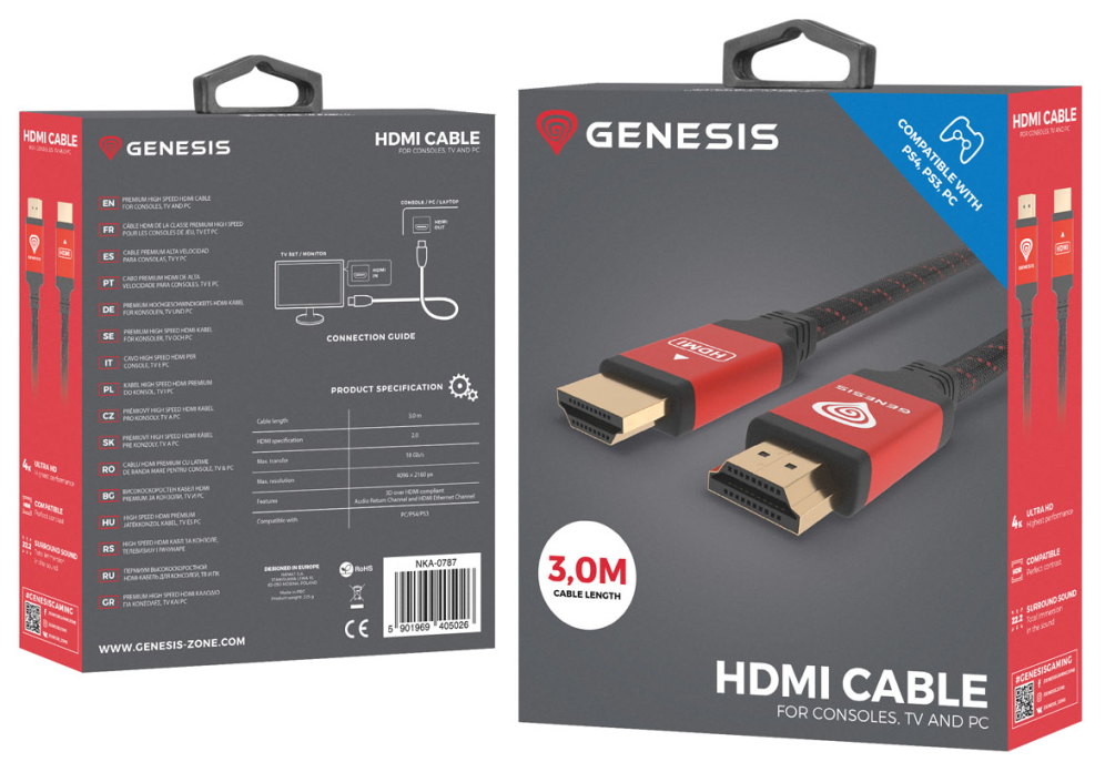 CABLE HDMI GENESIS ALTA VELOCIDAD PS4/PS3 4K V2.0 3M NEGRO - detalle
