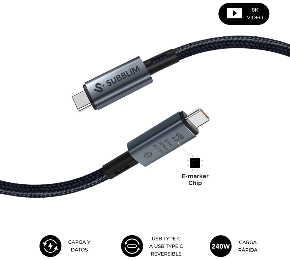 CABLE HIGH 240W C-C USB4.0 8K 1,5M - detalle