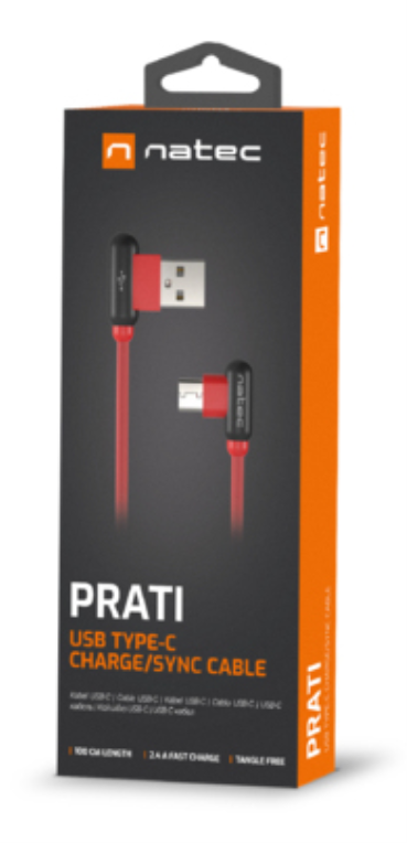 CABLE NATEC USB-C MACHO A USB-A 2.0 MACHO 1M CONECTORES EN ANGULO ROJO EN CAJA - detalle