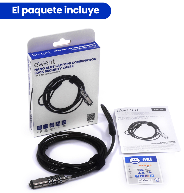CABLE SEGURIDAD EWENT NANO CON COMBINACION - detalle