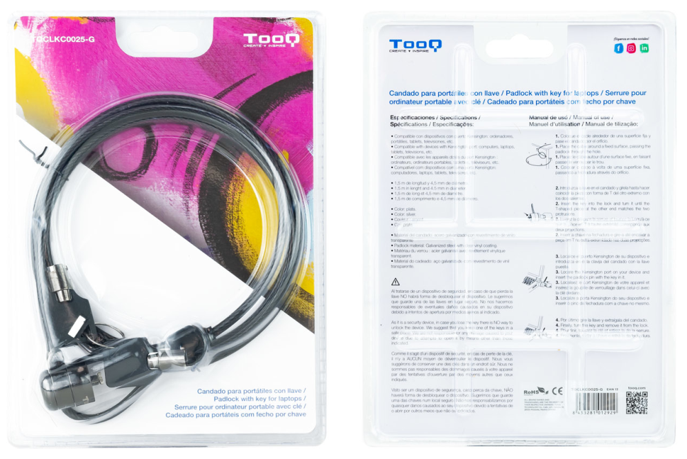 CABLE SEGURIDAD TOOQ CON LLAVE PARA PORTATILES 1.5M - detalle