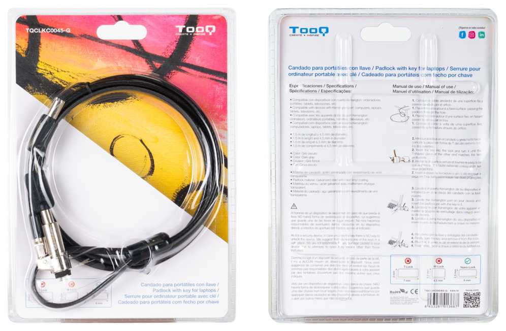CABLE SEGURIDAD TOOQ NANO 2.5X6MM LLAVE PARA PORTATILES - detalle