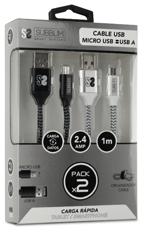 CABLE SUBBLIM 2X PREMIUM MICRO USB 2.4A 1M ALU BLACK/SILVER - detalle