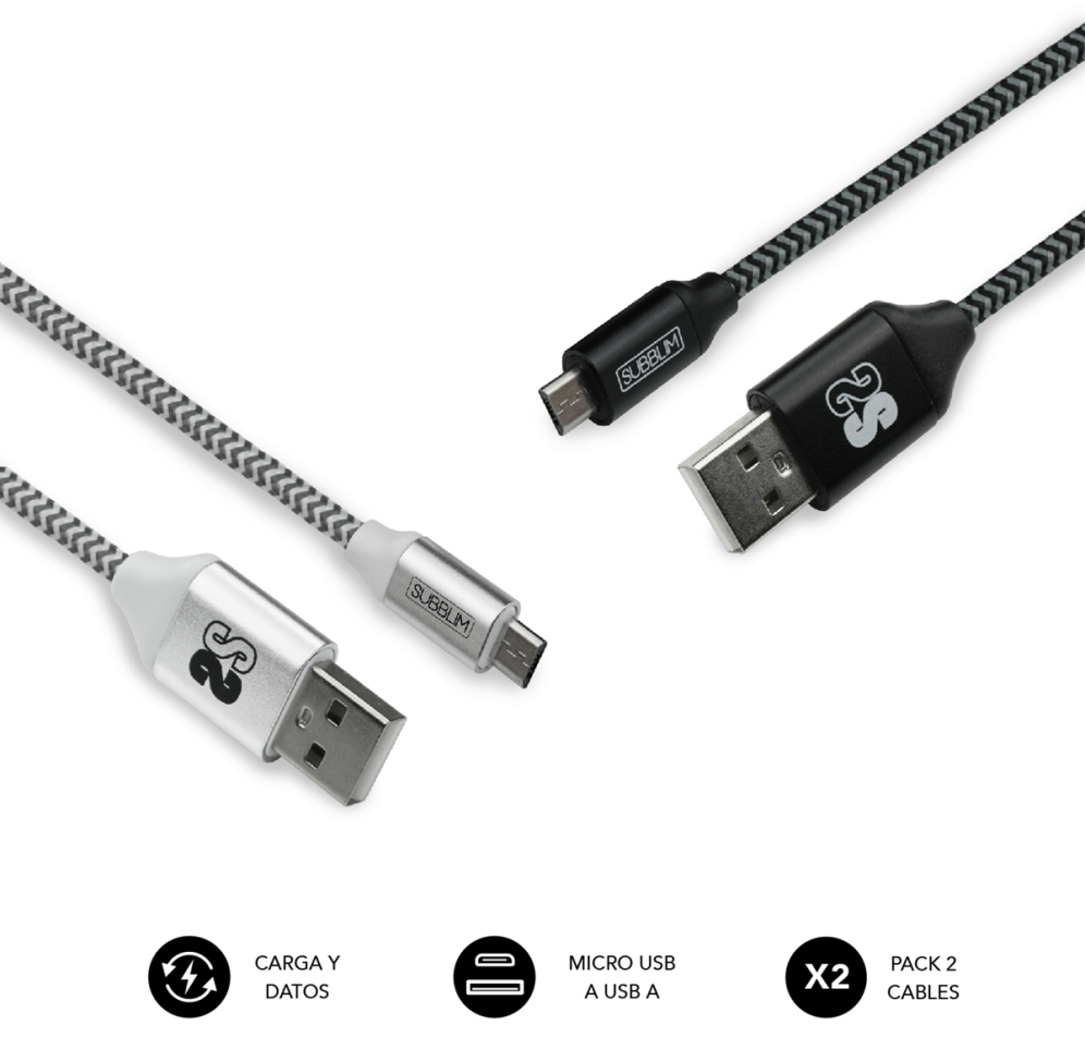 CABLE SUBBLIM 2X PREMIUM MICRO USB 2.4A 1M ALU BLACK/SILVER