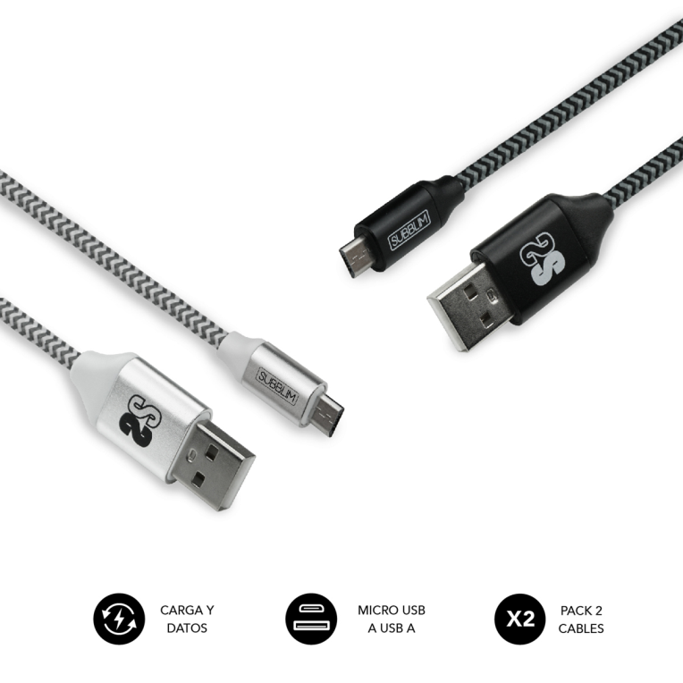 SUBBLIM PACK 2 CABLES USB A MICRO USB (2.4A) 1M BLACK/SILVER cable USB Micro-USB A Aluminio. Negro. Gris. Blanco