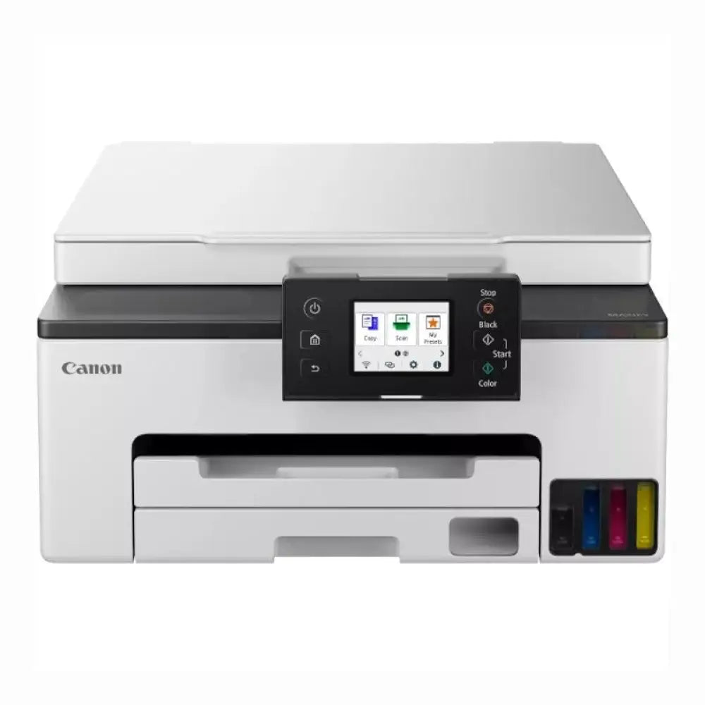 Impresora multifunción Canon MAXIFY GX1050+ con dos botellas de tinta, inyección sin fax, para impresión y copiado.