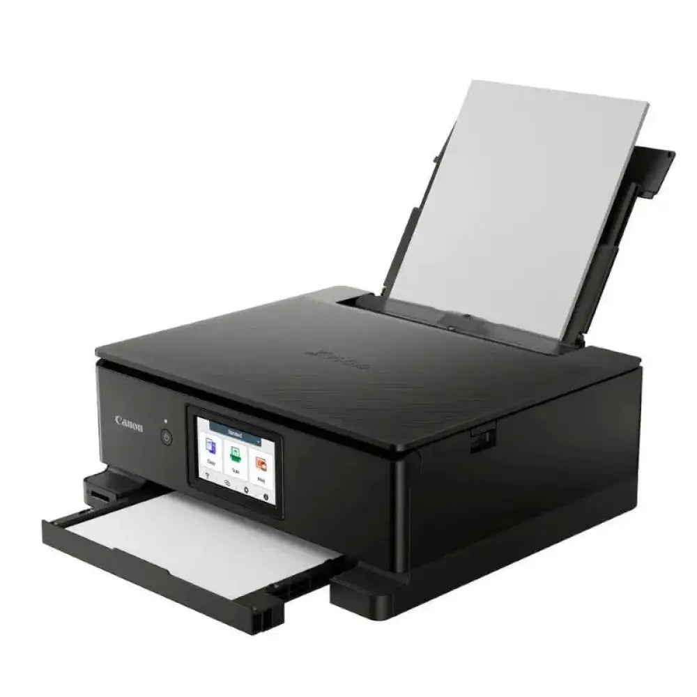 Impresora multifunción Canon Pixma TS8750 negra con bandeja de papel y panel de control táctil, sin fax, para impresión, escaneo y copiado.