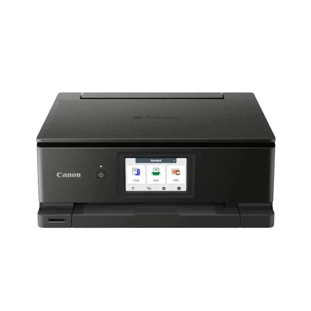 Impresora multifunción Canon Pixma TS8750 negra con bandeja de papel y pantalla táctil, diseñada para impresión, escaneo y copiado.
