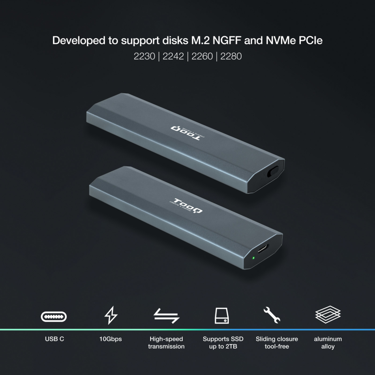 CARCASA HDD TOOQ SSD M.2 NGFF/NVMe GRIS - detalle